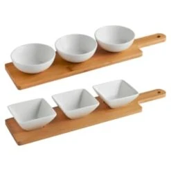 B&M Set Of 3 Serving Bowls With Bamboo Tray - Square -Kitchen Supply Store 380368 3pk serving boards with bamboo tray main