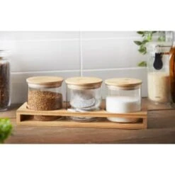 B&M Natural Home Glass Jars In Bamboo Stand 3pk -Kitchen Supply Store 380530 3pk natural home glass jars in bamboo stand 2
