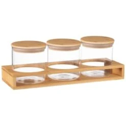 B&M Natural Home Glass Jars In Bamboo Stand 3pk