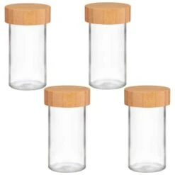 B&M Set Of 4 Glass Spice Jars With Bamboo Wood Base -Kitchen Supply Store 394437 set of 4 glass spice jars with bamboo wood lid and base group